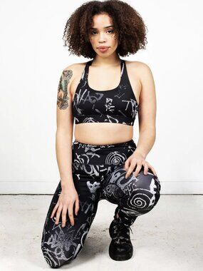 Disturbia Graffiti Print Leggings & Sports Bra Workout Set in Black & White XS
